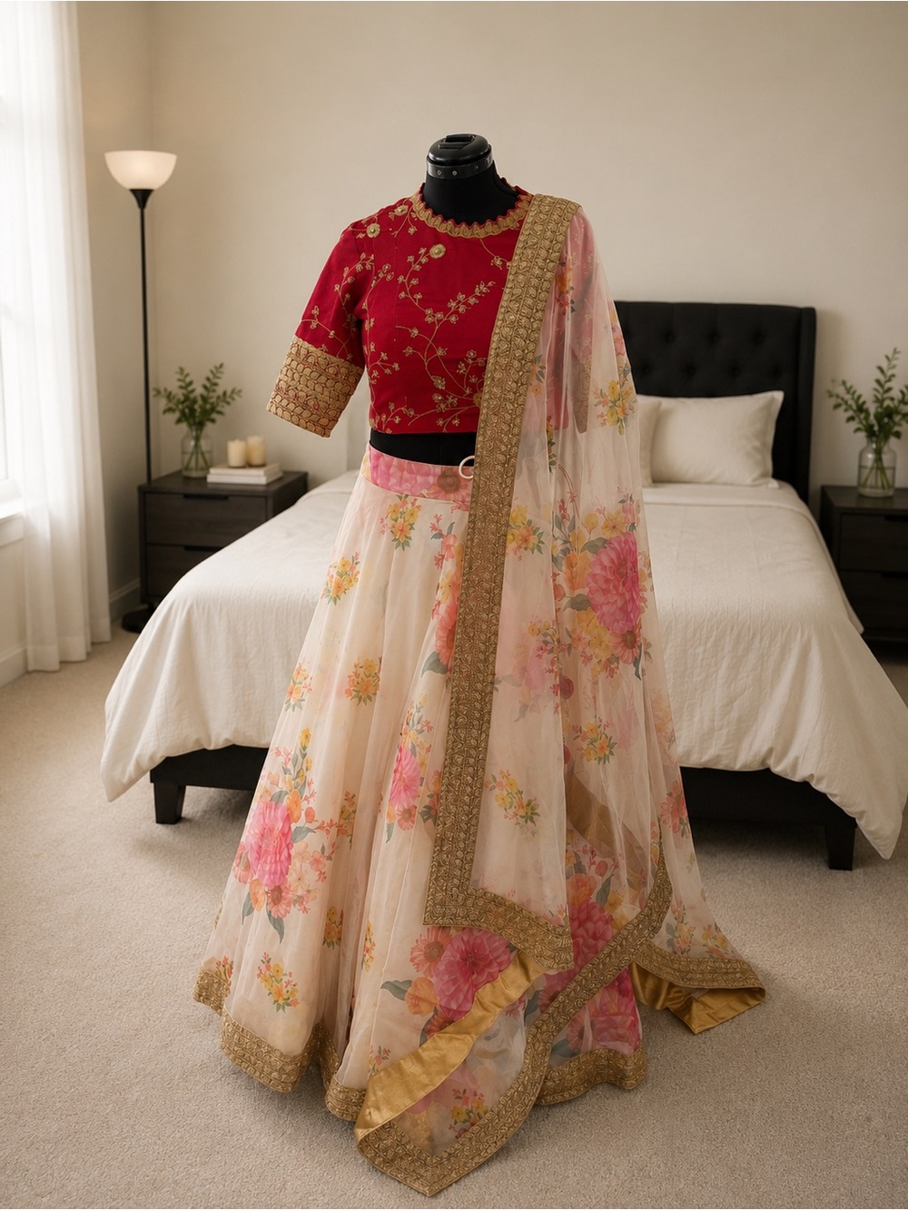 Sabyasachi Inspired Floral Lehenga Set Hot Pink Blouse & Dupatta Size 6-8